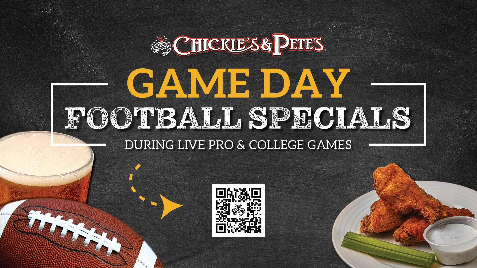 Banner ad for Game Day Football Specials at Chickie's & Pete's