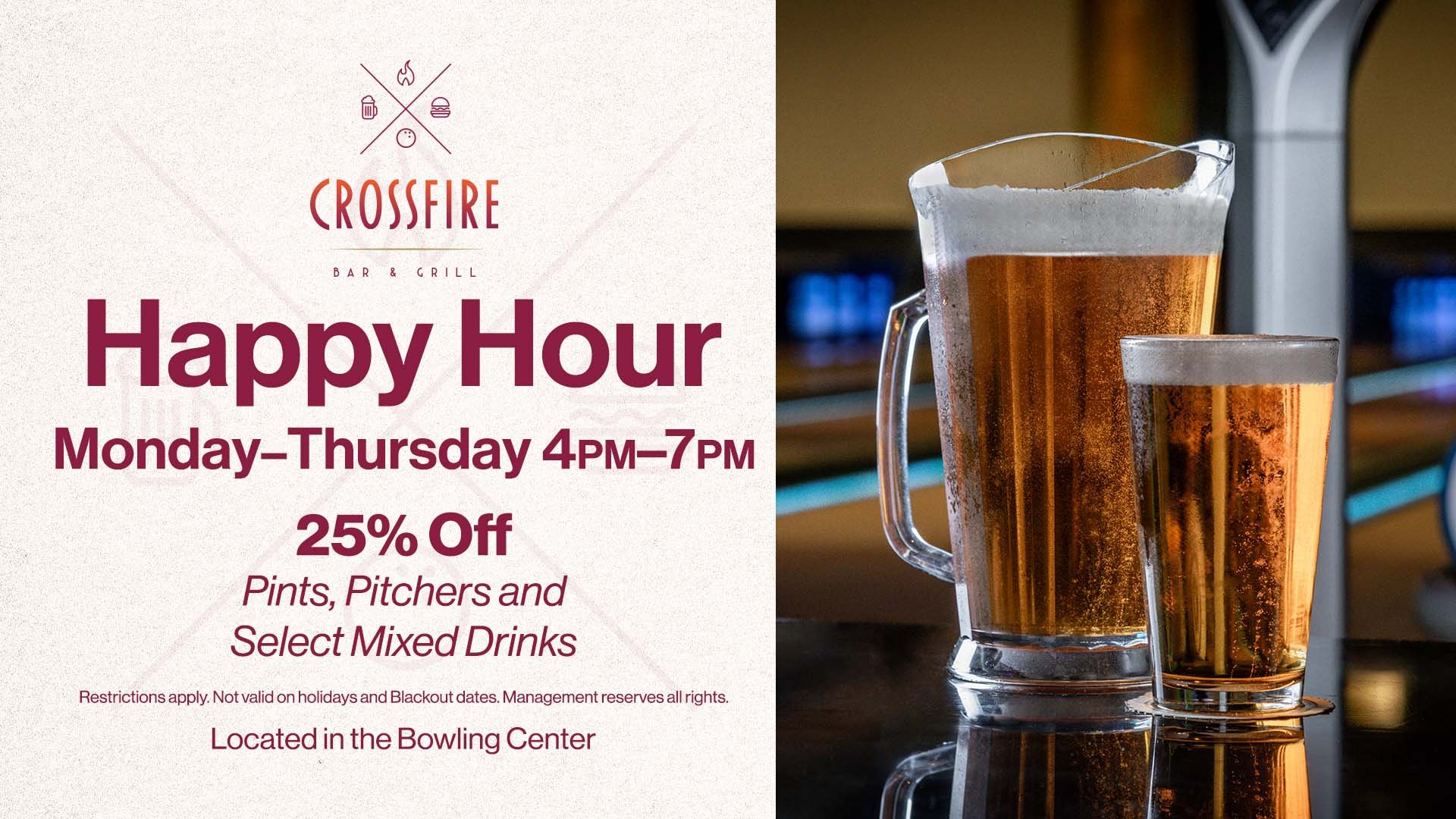 web banner for Happy Hour at Crossfire Bar