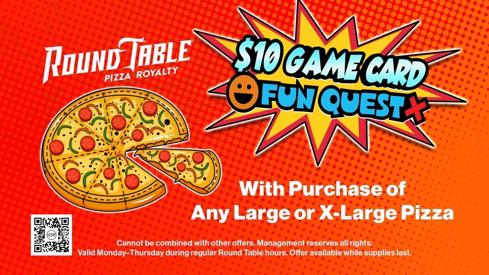 web banner for $10 Game Card at Fun Quest with purchase of Round Table Pizza
