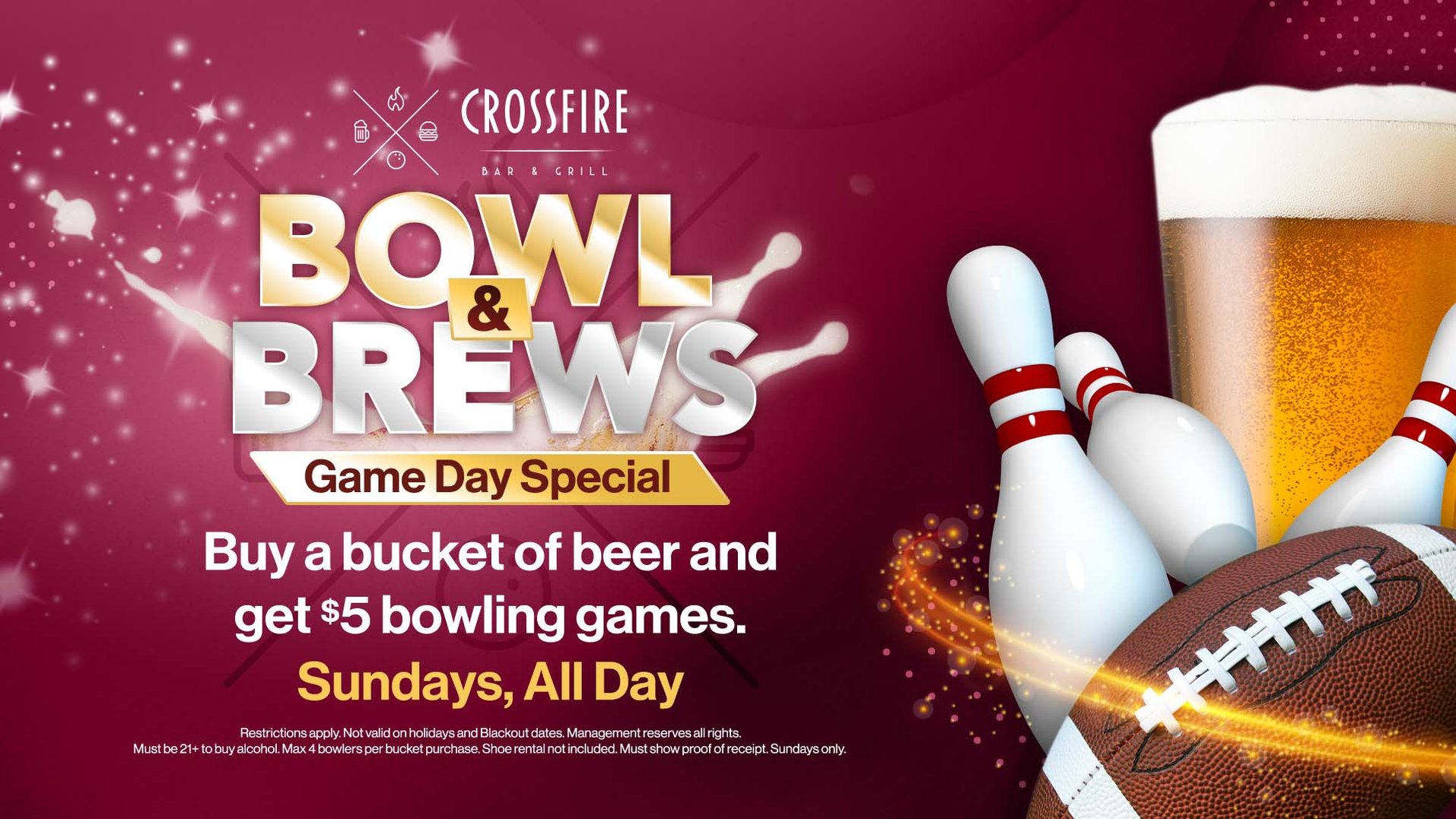 web banner ad for Bowl & Brews Buy a bucket of beer and get $5 bowling games.