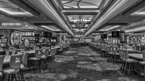 Casino Floor view of table games in grayscale.