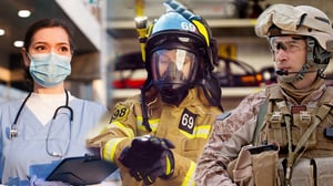 Essential heroes - medical professional, firefighter, and soldier.