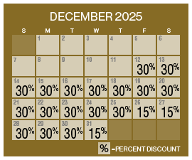 Image of discount rate calendar for Grand Sierra Resort ‌Winter Resort Sale in December 2025.