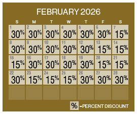 Image of discount rate calendar for Grand Sierra Resort ‌Winter Resort Sale in February 2026.