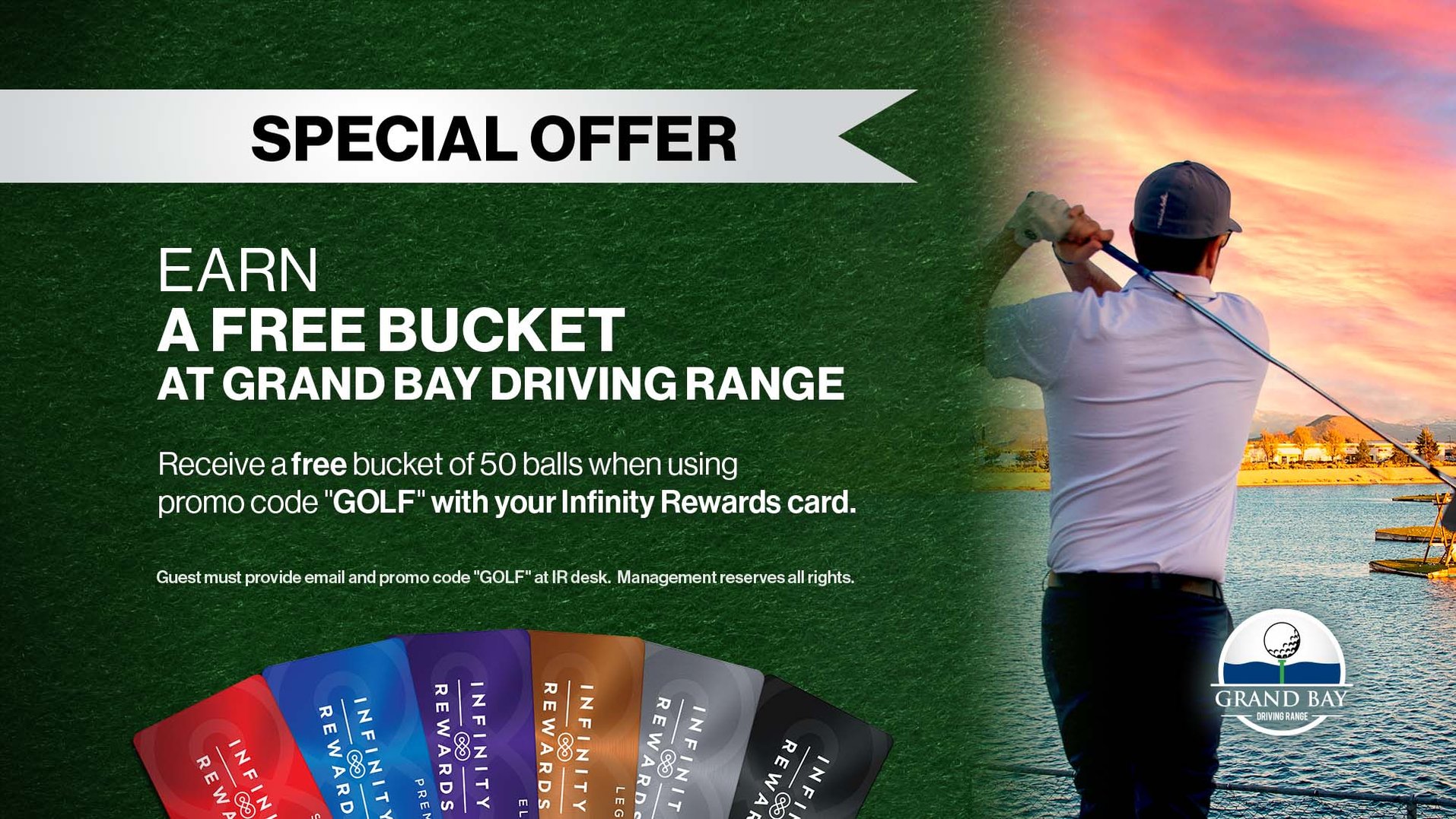 web banner for A Free Bucket at Grand Bay Driving Range