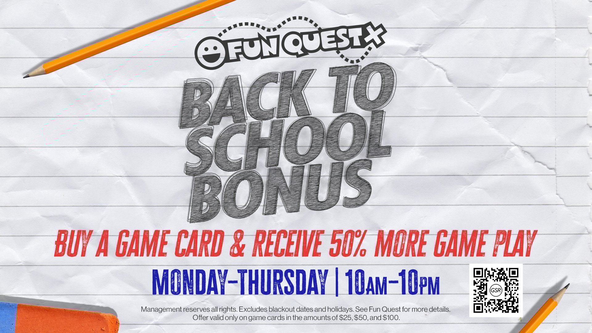 web banner for Back to school bonus at Fun Quest