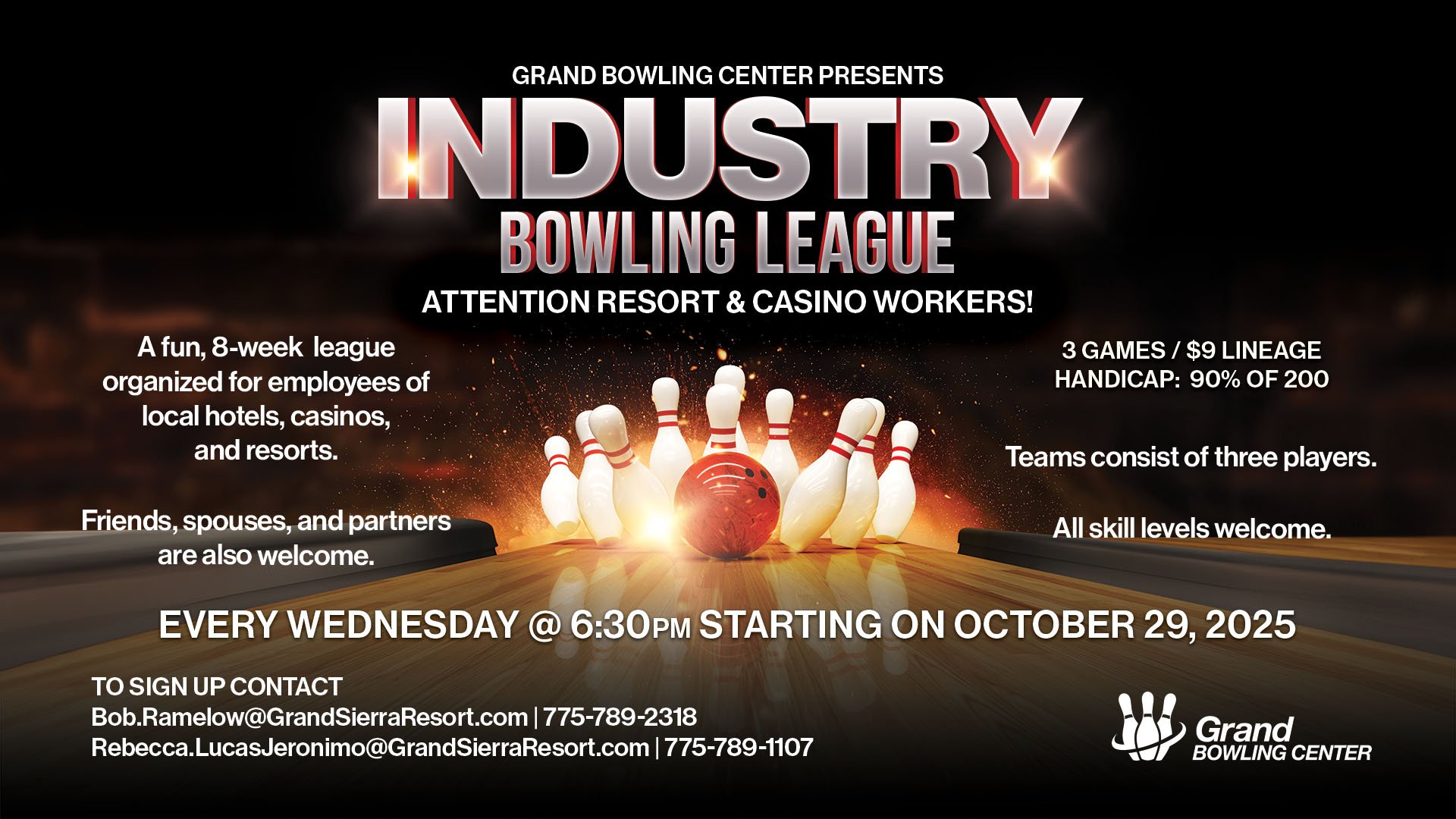 Web banner for Industry Bowling League at the Grand Bowling Center.