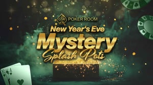 Logo for New Year's Eve Mystery Splash Pot with poker hand and chips.